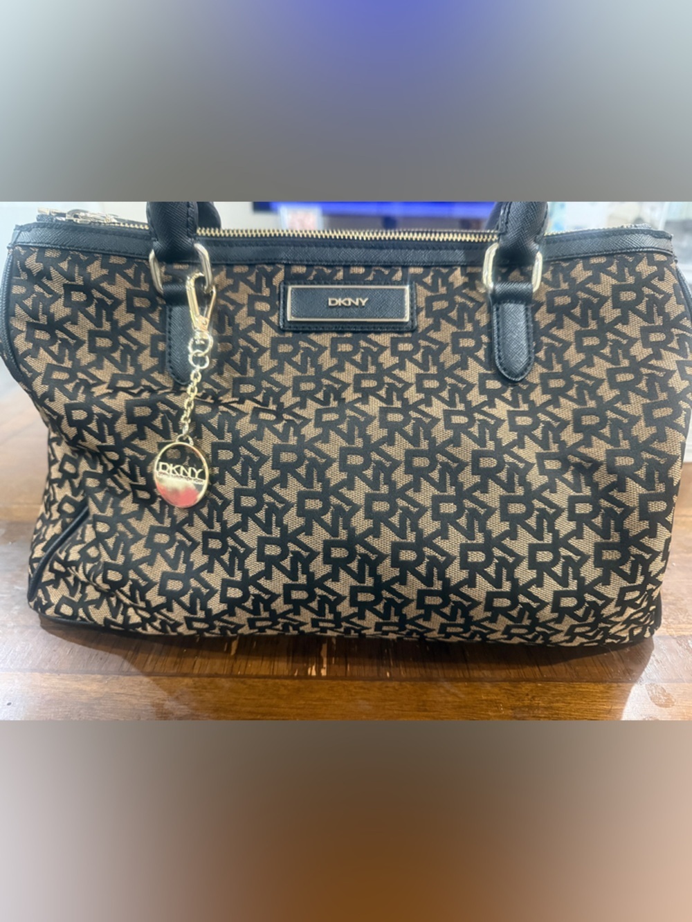 DKNY Black and Brown Monogram Tote with Gold Charm